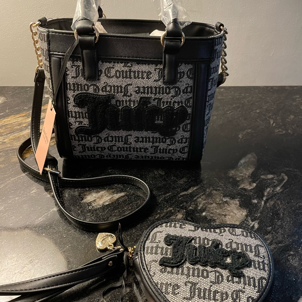 Juicy Couture Black Beige Paparazzi Mini Tote & Heart Wristlet